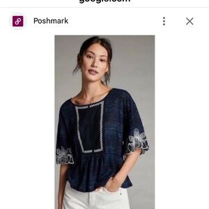 Anthropologie Pilcro Dark Blue Blouse with White Floral Accents